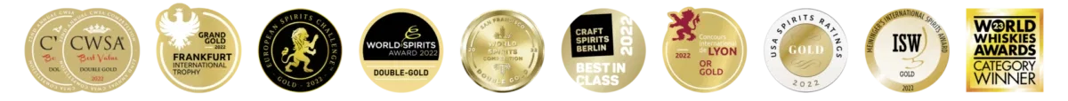 Auszeichnungen: CWSA Double Gold, Frankfurt International Trophy Grand Gold, European Spirits Challenge Gold, World Spirits Award Double Gold, San Francisco World Spirits Competition, Craft Spirits Berlin Best in Class, Concours International de Lyon Or, USA Spirits Ratings Gold, ISW Gold, World Whiskies Awards Category Winner